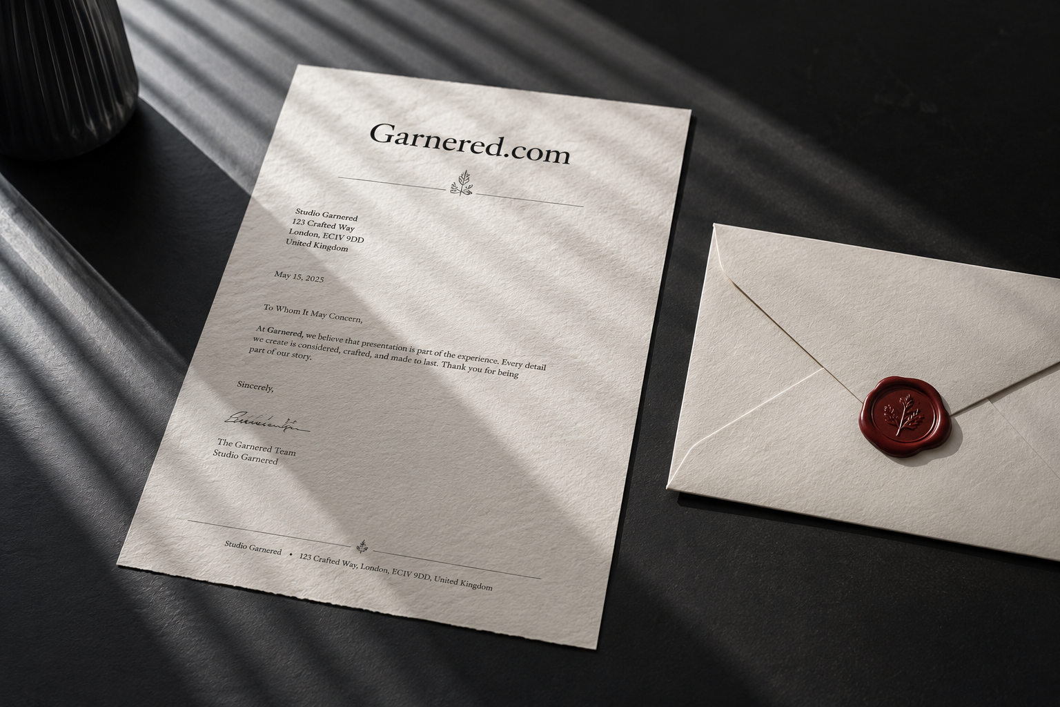 A letterpress setting with the Garnered name